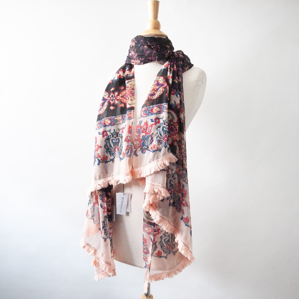 BCBGeneration Sheer Floral Boho Scarf with Pink Fringe